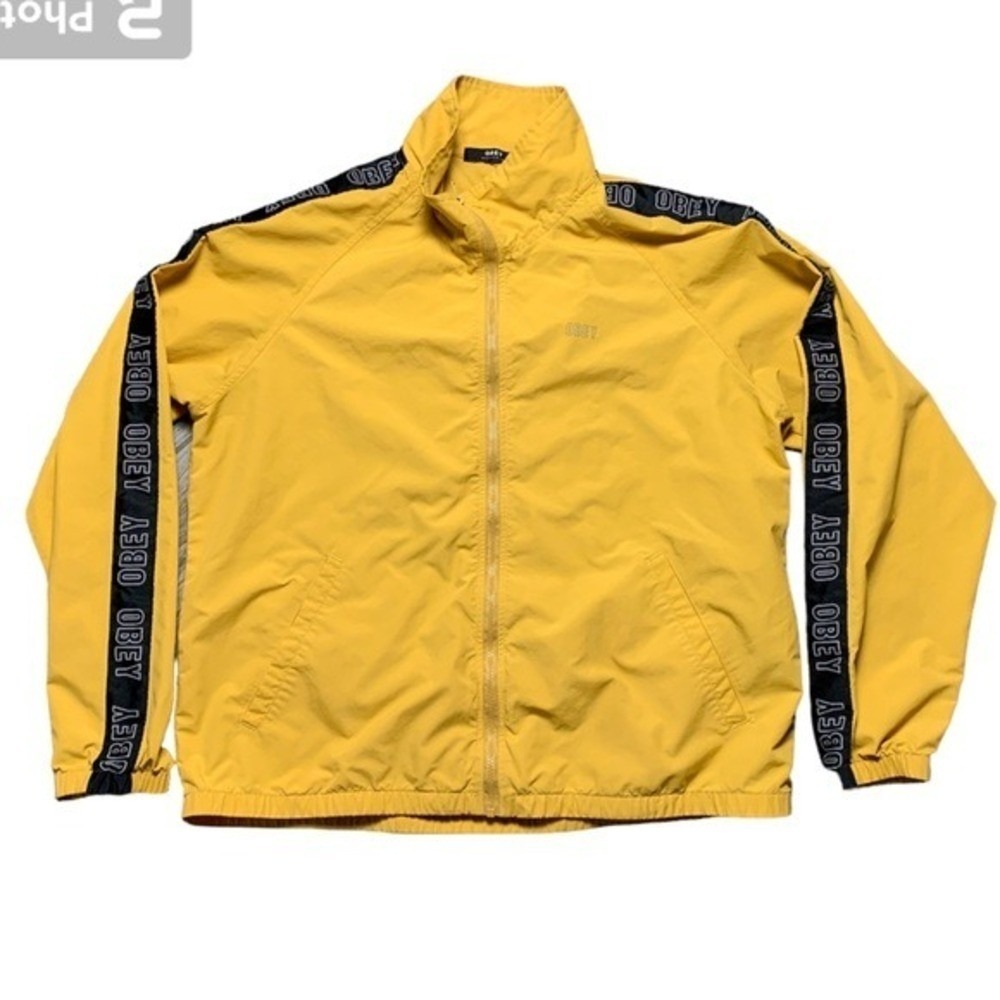Obey Jax Track Windbreaker Jacket Mustard Yellow Streetwear Logo Tape Mens L